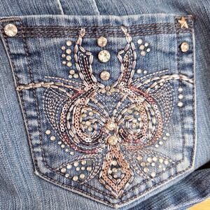 Y2K Low Rise Flare Jeans Womens Size 10 Blue Denim Embellished Pocket Bootcut